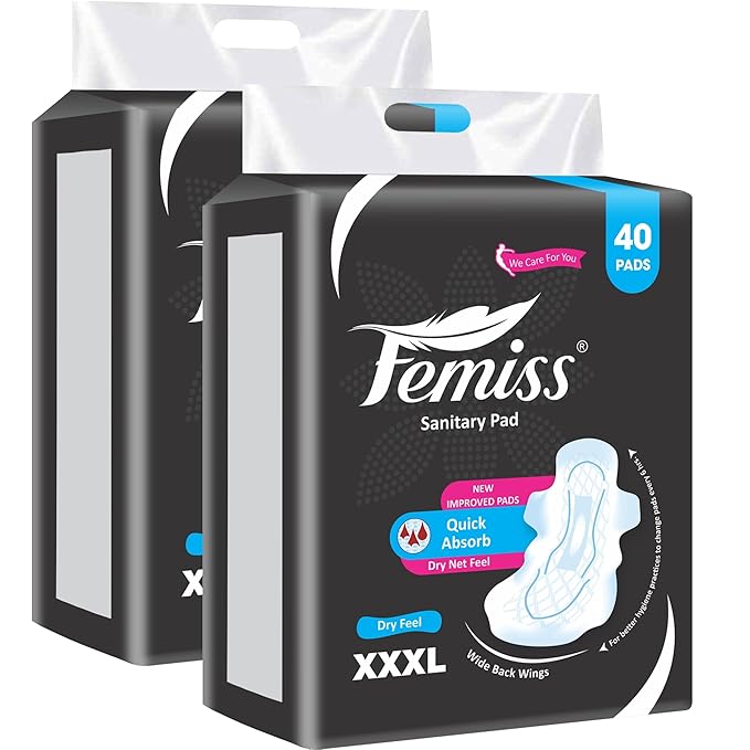 Femiss Rash Free Sanitary Pads for Women and Girls 80 Pads |Quick Absorption|Heavy Flow Champion|Leakage-Proof|Skin Friendly Trifold pads(XXXL-Size, 320 MM, 80 PCS, 40 Pads Each Pack, Pack of 2)