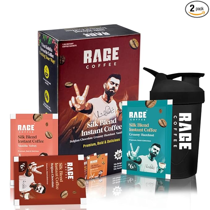 Rage Coffee 30 Silk Blend Assorted Coffee Sachets | 10 Sachets Each Flavour (Vanilla Velvet, Belgian Chocolate, Creamy Hazelnut)| Makes 30 Cups | Rich & Bold Instant Coffee Flavour Coffee | For Hot/ Cold Coffee + Shaker 400ml