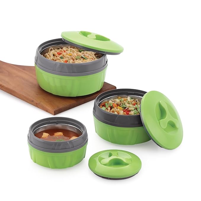 Paras Homeware Hot Chef Casserole| BPA Free | Food Grade | Easy to Carry | Easy to Store for Rice, Curry, Roti |Green - Set of 3 | 600ml, 1100ml 1800ml