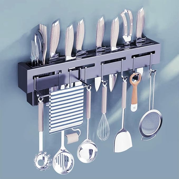 Pureus Kitchen Shelf Stainless Steel Floating Shelves Wall Mount Knife Holder|Towel Hanger|Spatula Ladle Hanging Hooks|Cutlery Holder Storage Rack High Grade Metal Multi-Purpose (40 X 5.5 X 7.4 Cm)