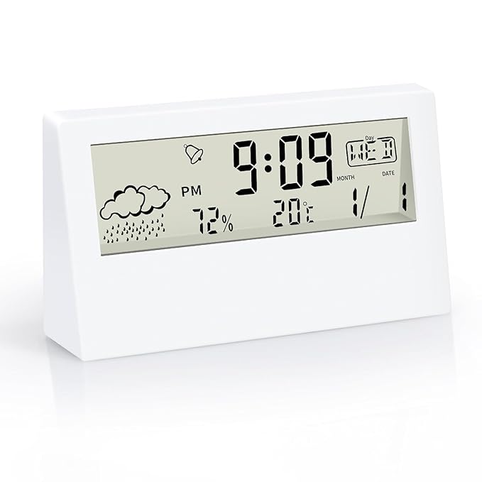 KADIO Plastic Digital Alarm Clock, Transparent LCD Display with Indoor Temperature, Humidness, Snooze, Date,Week,12/24H, Battery Operated Alarm Clock Desk Clock for Bedrooms, Living Room, White