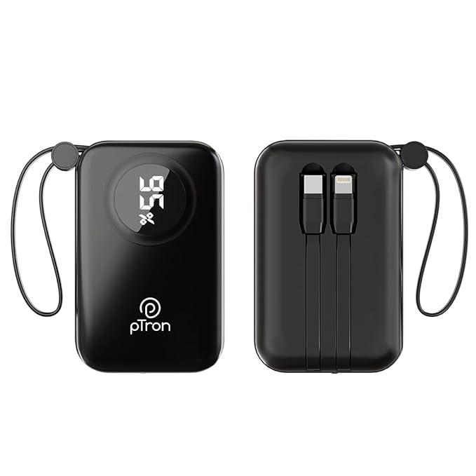 pTron Dynamo Electra 10000mAh 22.5W Nano Power Bank, Compact Size Fast Charging, Supports VOOC/Wrap/Dash USB Charging, 20W PD Fast Charging, Built-in Cables, 3 Output Ports & BIS Certified (Black)