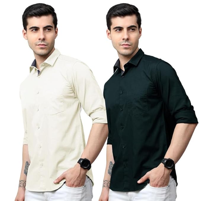 [Size: M] - Tee Projekt Cotton Shirt for Men ll Front Pocket Shirt ll Stylish Long Sleeve Shirt ll Soild Regular Fit (Pack of 2)