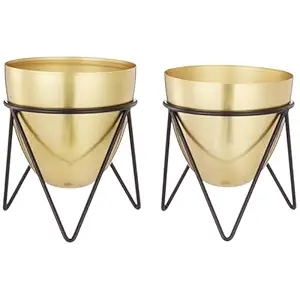 amazon basics Metal Planters with Stand (Set of 2) | Suitable for Living Room and Bedroom Décor (Gold)