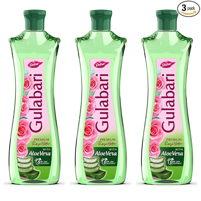 Dabur Gulabari Premium Rose Water with Aloe Vera - 1200 ml (400ml x 3) | Upto 8 HR Skin Hydration | Cleanses, Tones and Moisturises Skin | For All Skin Types