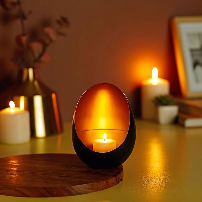 Amazon Brand - Solimo Ornamental Iron Tea Light | Stylish | for Indoors & Outdoors Décor | Oval Shape (Black with Gold Texture)