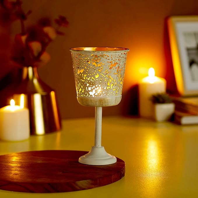 Amazon Brand - Solimo Ornamental Iron Tea Light | Stylish | for Indoors & Outdoors Décor (White with Antique Gold Texture)