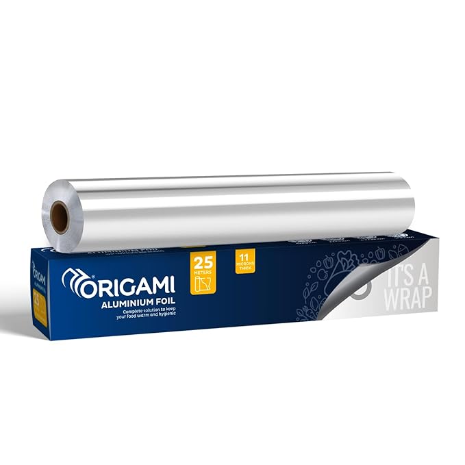 Origami Silver Aluminium Foil for Food Packing 25m with 11 Micron Thickness | Keeps Food Warm and Hygienic | Ideal for Storing, Packing, Wrapping, and Serving - 265g