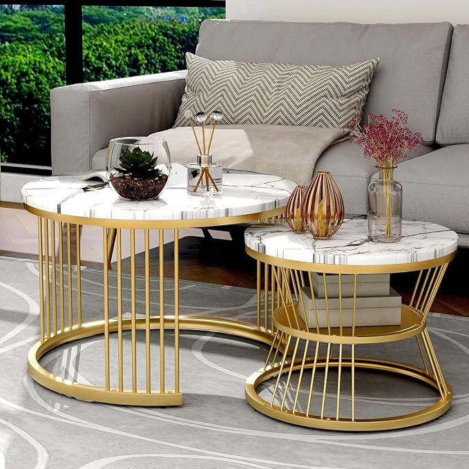 NEST NATURE HAVEN Round Coffee Table, Modern Nestings Table Set of 2, Sofa Side Table with Marble Veneer Top and Metal Frame, End Table for Living Room Bedroom Home or Office (Golden White)