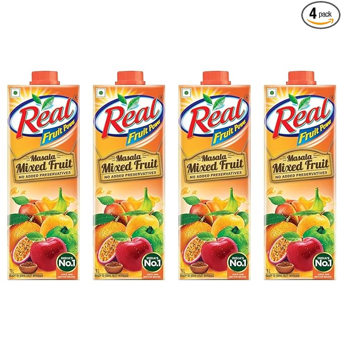 Real Masala Mixed Fruit Juice - 1L (Pack of 4) | No Added Preservatives, No Artificial Colours & Artificial Flavours | Goodness of Best Fruits with Chatpata Masala | Daily Dose of Fruit Nutrition| Tasty, Refreshing & Energizing Fruit Drink