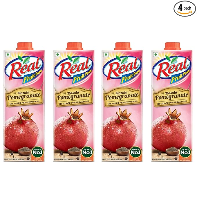 [Apply Coupon] - DABUR Real Masala Pomegranate Fruit Juice-1L (Pack of 4)| No Added Preservatives, No Artificial Colours & Flavours|Chatpata Masala|Fruit Nutrition|Tasty, Refreshing & Energizing Fruit Drink