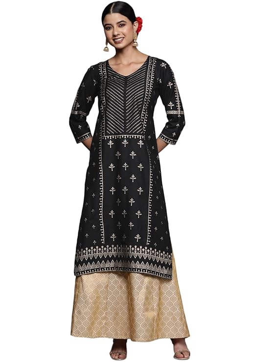 [Apply Coupon] - [Size: M] - Libas Black Printed Silk Straight Kurta