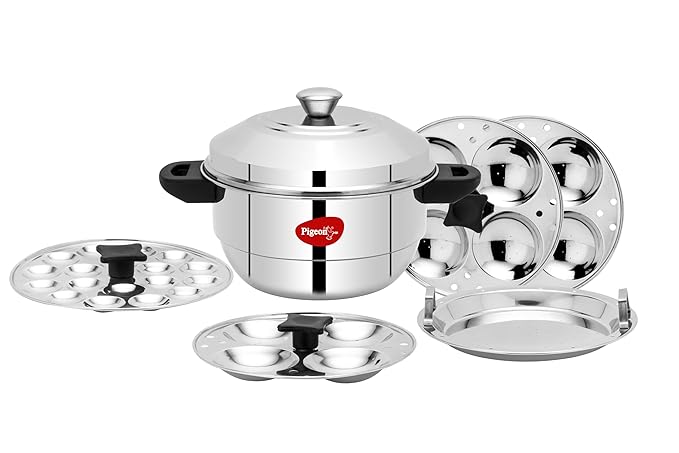 [Apply Coupon] - Pigeon Idly Maker Induction and Gastove Compatible 5 Plates, 3 plates (4 cavity), 1 mini idly plate(18 cavity), 1 Steamer(dhokla maker/momo maker), Cool handle, Easy to make steamer cum Idly maker