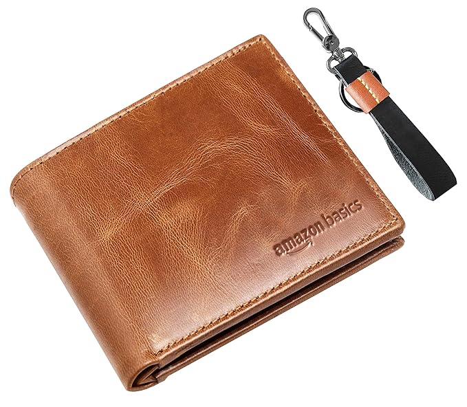 amazon basics Genuine Leather Wallet, Keyring & in Gift Box Packaging- Classic Men's Gifting Combo (Tan Brown)