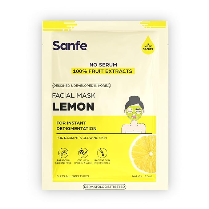 Sanfe Instant Hydration Cucumber Facial Mask | For toned & nourished skin | 100% fruit extracts, Korean Mask | 1pc, 25gm (Lemon)