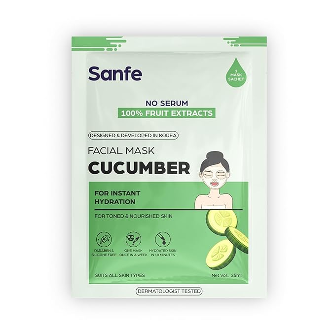 Sanfe Instant Hydration Cucumber Facial Mask | For toned & nourished skin | 100% fruit extracts, Korean Mask | 1pc, 25gm (Cucumber)