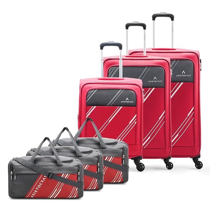 Aristocrat Trigon Hexa Luggage Set of 6 | 3 Trolley Bags (Cabin 55cm + Medium 69cm + Large 79cm) & 3 Duffle Bags 52cm for Travel | 5 Years International Warranty (Red)