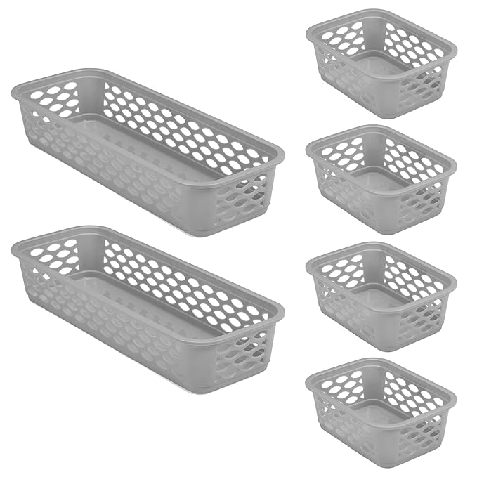 RATAN PLASTICWARE Diana Tray Baskets Pack of 6 (Small X 4+Narrow X 2) - (Grey) | Desk Basket/Organizers for Stationery, Jwellery, Tools, Cabinet organizer for Bedroom or Washroom, Kitchen, Office