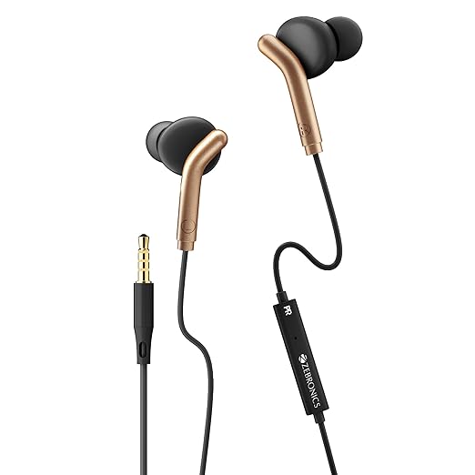 ZEBRONICS Bro 3.5Mm Wired in Ear Earphones, in-Line Mic, Deep Bass, 1.2M Strong and Long Lasting Cable, Light Weight, Compatible with Mobile | Tablet | Laptop (Black + Gold)