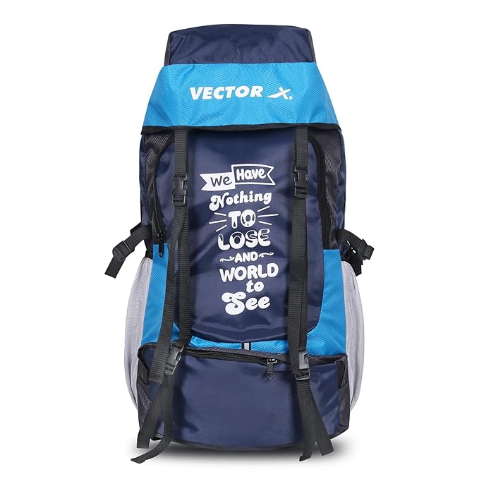 Vector X Hiking 55 Liter Rucksack Travel Backpack Bag for Camping, Hiking, Traveling, Trekking, Outdooor, 2 Main Compartment, 1 Shoe Pocket, With Rain Cover Material - Mesh, Color - Blue