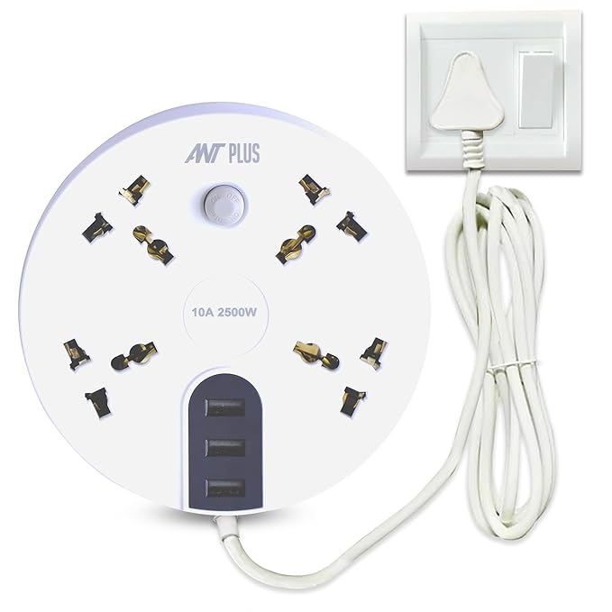 Ant Plus Electric 430 Power Strips with 4 Universal Socket and 3 USB-A, 3-Meter Cord, 2500-Watt, Fireproof, Heavy Duty Cable Overload Protection, Extension Cord for Home/Office Appliances - White