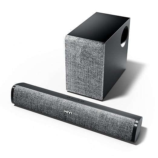 Mivi Fort Q48 Soundbar with subwoofer, 48 Watts, 2.1 Channel with 2 in-Build Full-Range Speakers and an External subwoofer, Multiple Input Modes, Made in India soundbar for TV