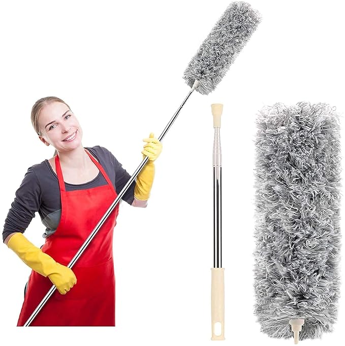 FLYNGO Microfiber Feather Duster Bendable & Extendable Fan Cleaning Duster with 100 inches Expandable Pole Handle Washable Duster for High Ceiling Fans, Window Blinds, Furniture (Large)