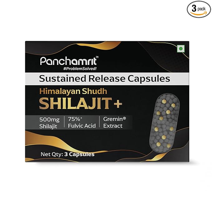 Panchamrit 8 hrs Sustained Release Capsule 500mg Himalayan Shilajit+ with Gremin® Extract,75% Fulvic Acid,80+ Trace Minerals|2.5x More Shilajit | Daily Energy Boost, Faster Muscle Recovery | 3 caps