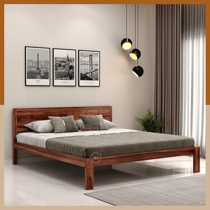 WoodenStreet" Floria Sheesham Wood Double Bed, Queen Size Bed Without Storage with 1 Year Warranty, Honey Finish