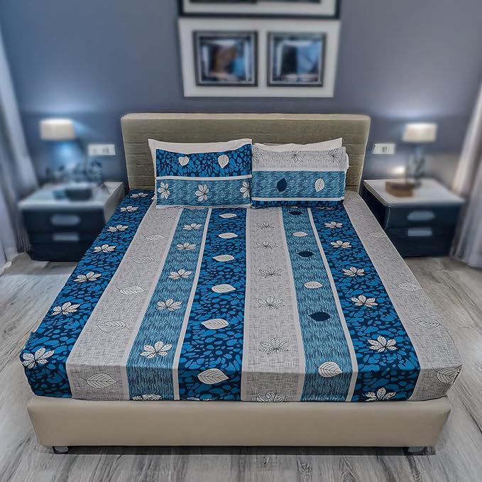 Status Contract Cotton Rich Double Bedsheet with 2 Pillow Covers for Bed Room, Home, Hotel-120 GSM (Blue Stripes)