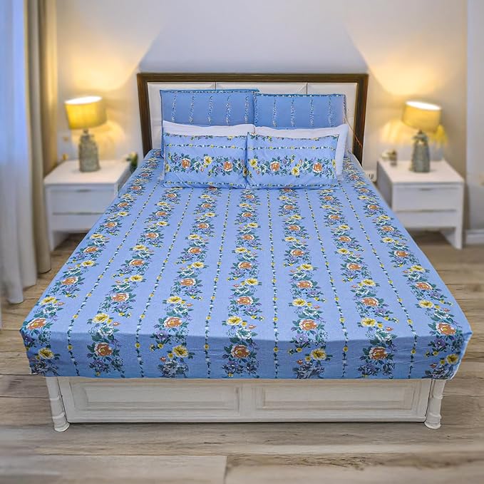 Status Contract Cotton Rich Double Bedsheet with 2 Pillow Covers for Bed Room, Home, Hotel-120 GSM (Blue)