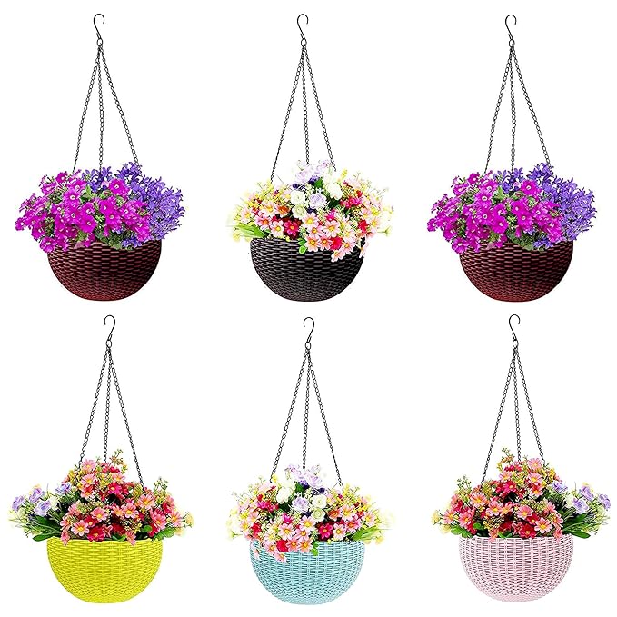 [Apply Coupon] - Eightiz Plastic Hanging Pot, Multicolour, Pot Diameter -7.1 Inch, Pot Height -4.8 Inch, Pot Thickness -3 mm, Chain Length -13 inch Approx., 6 Pieces