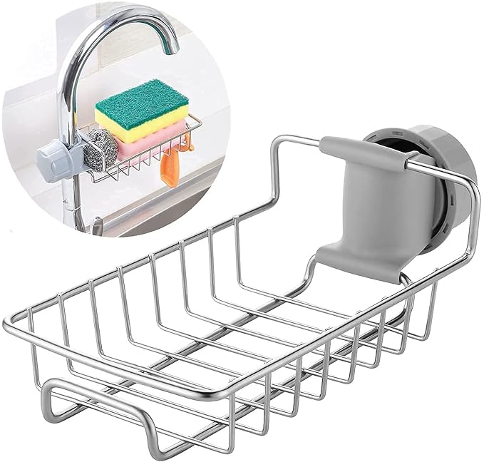 [Apply Coupon] - Stewit Kitchen Sink Faucet Sponge Holder Caddy Organizer Over, Stainless Steel Heavy Duty Thickening Hanging Drain Rack for scrubbers, soap, Bathroom, Detachable no Suction Cup Bathroom soap Holder