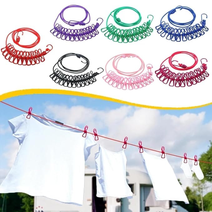 [Apply Coupon] - Stewit Cloth Drying Rope with Hooks Elastic Cloth Hanging Rope for Cloth Drying with 12 Clips Cloth Rope for Drying Clothes for Travel Home Outdoor Kapde Sukhane ki Rassi Wire -Multicolor (Pack of 1)