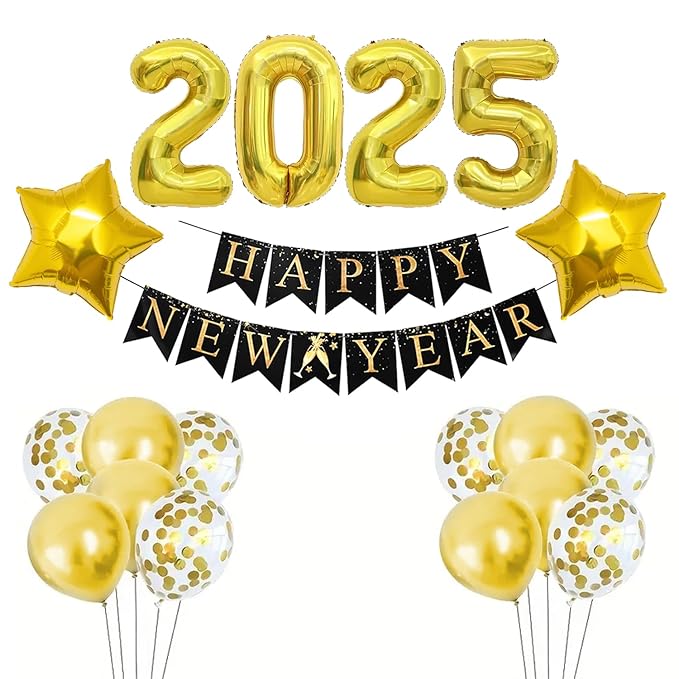 [Apply Coupon] - Party Propz Happy New Year Decoration 2025 Balloon Combo Set 39Pcs With With Happy New Year Banner (cardstock)/2025 Foil Balloons/ Star Balloons/ Golden Balloons For New Year Decoration