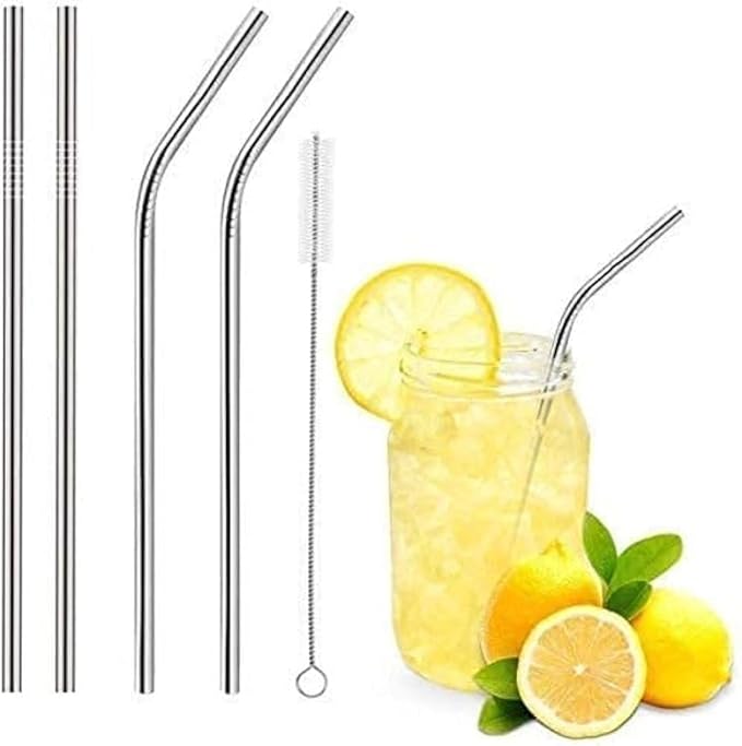 [Apply Coupon] - Stewit Reusable Stainless Steel Straws for Drinking with Brushes 8.5 Inches BPA-Free Metal, Thick, Long (2 Bent + 2 Straight +1 Brush)