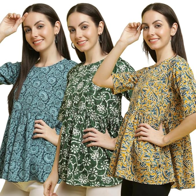 Pinkimint Crape Combo Top for Women ll Stylish Casual Flared Fancy Sleeve Printed Regular Fit Top (Pack of 3)