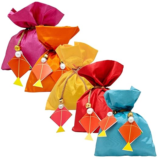 Wrapping Studio Acrylic Cutout Kite Design Embellished Potli Bag Best for lohri, Makar Sankranti, Wedding Gift Bags (PK-5 | Multicolor)