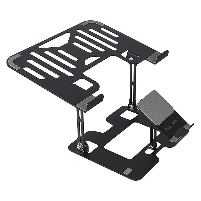 ZEBRONICS NS3500, Foldable Laptop Stand, with Mobile Stand, Upto 17 inch Laptop, Multi-Angle Adjustment, Anti-Slip Silicone Pads, Carbon Steel Body, Anti-Rust, for Laptop, Smartphones and Tablets