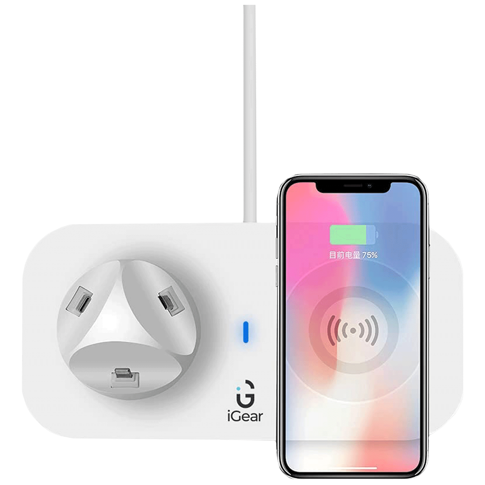 iGear DockMe 5W 3-in-1 Wireless Charging Dock for iOS, Android, Earbuds (5V Rotating Dock, White)