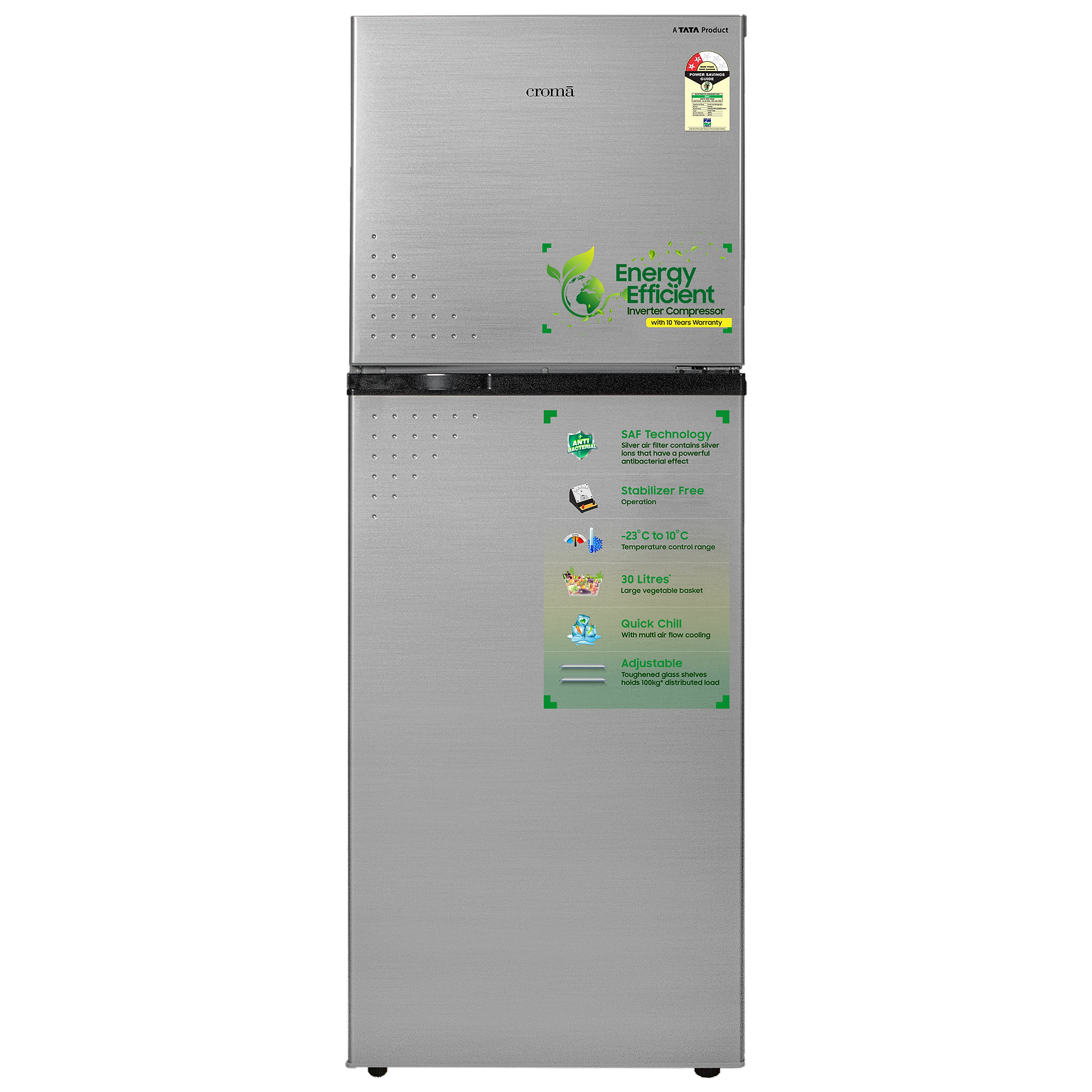 Croma 307 Litres 2 Star Frost Free Double Door Refrigerator with Multi Air Flow System (CRLR310FFC259603, Shining Silver)