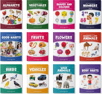 Picture Book collections (set of 12) for kids age 2+ early learning education - Perfect for Homeschooling Kindergarten and Nursery Students- ABC book, Fruits book, Wlid Animal book, Good habits book, Body parts book, Numbers book, Vegetables book, Birds book, Domestic animal book, vehicle book, Flower book, Shapes and colours book  (Paperback, PixelPage Little)