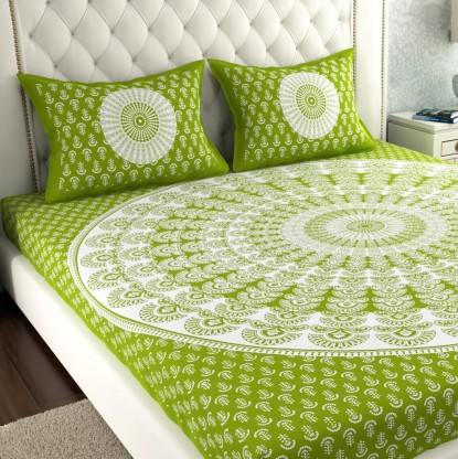 Leo Creation 144 TC Cotton Double Jaipuri Prints Flat Bedsheet  (Pack of 1, Green, White)