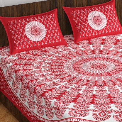 Leo Creation 144 TC Cotton Double Jaipuri Prints Flat Bedsheet  (Pack of 1, Red, White)