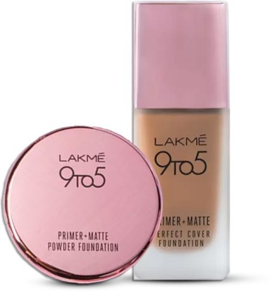 Lakmé 9 to 5 Primer+Matte Pwdr Compact Rose Silk + Perfect Cover Foundation Warm Beige  (2 Items in the set)