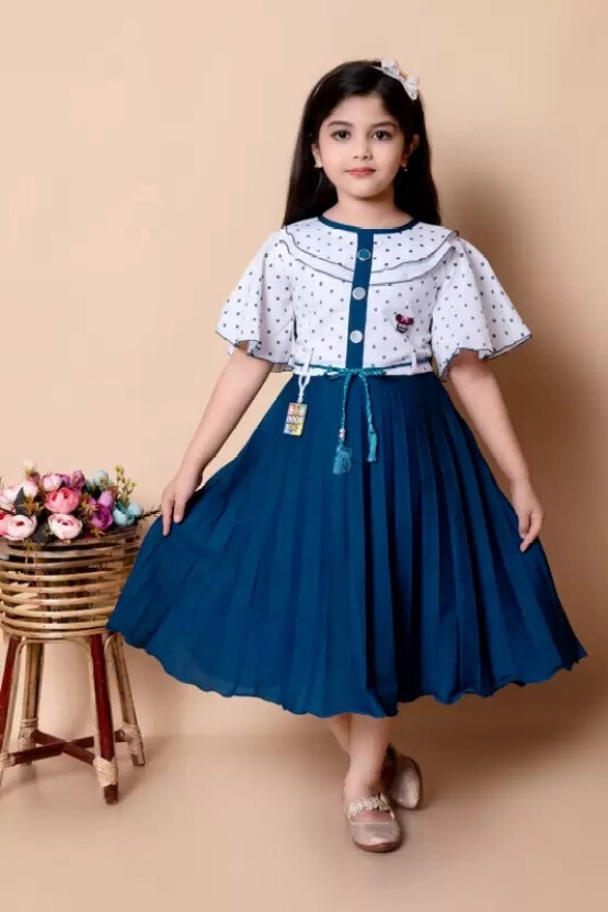 Girls Below Knee Festive/Wedding Dress  (Blue, Half Sleeve)