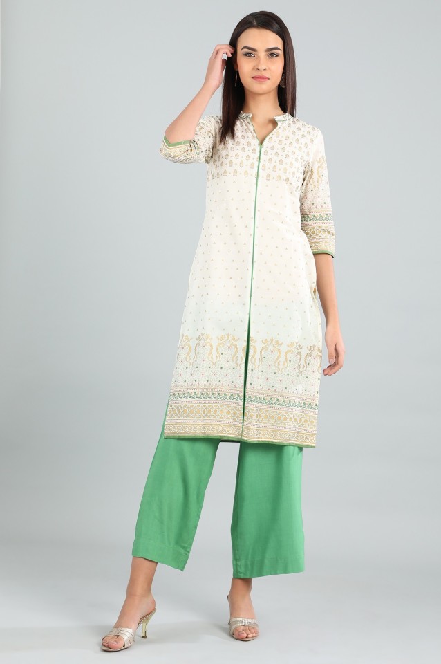 Women Printed Cotton Blend Frontslit Kurta  (White, Green, Beige)