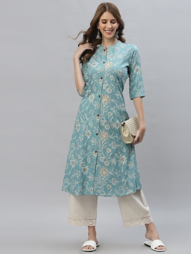 Women Floral Print Viscose Rayon A-line Kurta  (Light Blue, Beige, White)