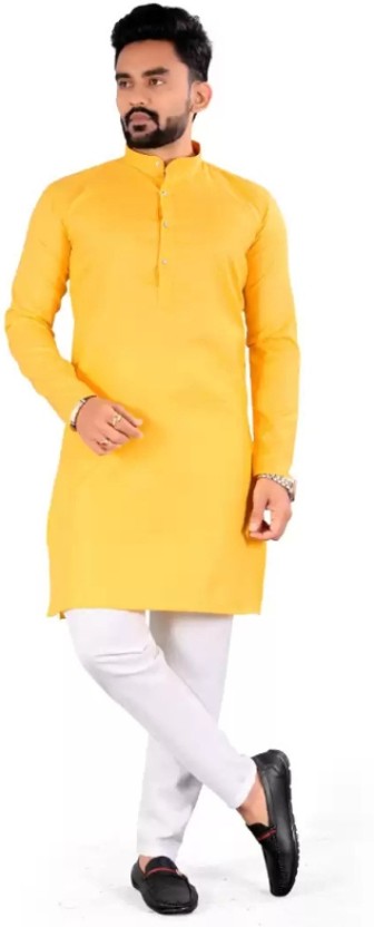 Men Solid Cotton Blend Straight Kurta  (Yellow)