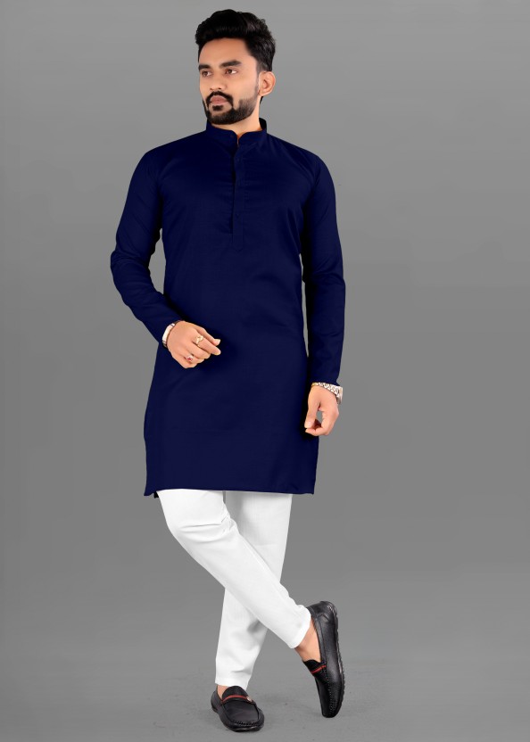 Men Solid Cotton Blend Straight Kurta  (Dark Blue)